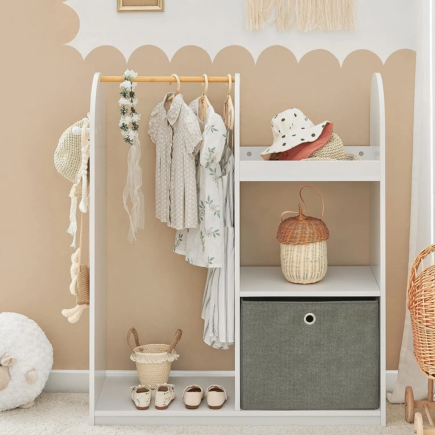 3-in-1 Deluxe Montessori Dress Up Rail | Clothes Rail | Shelves | Storage Box | White | 1.08m High