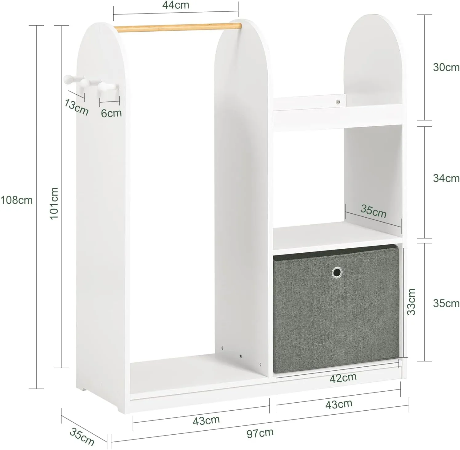 3-in-1 Deluxe Montessori Dress Up Rail | Clothes Rail | Shelves | Storage Box | White | 1.08m High