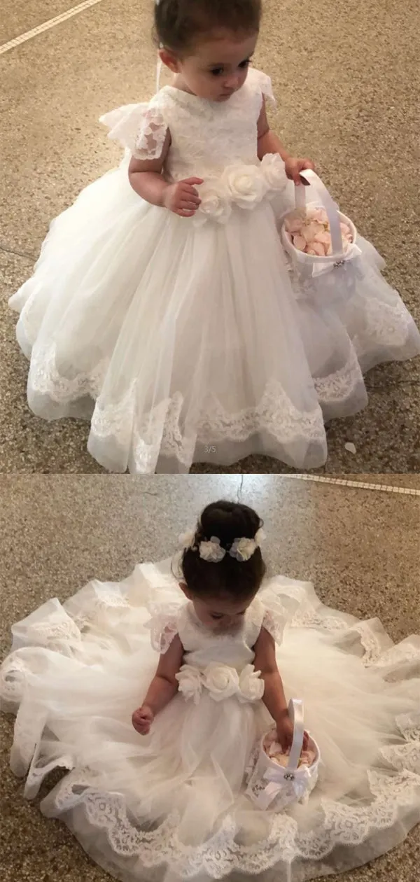 A-line Cap Sleeves Ivory Lace Cute Flower Girl Dresses, FG142