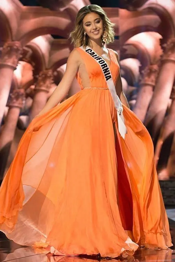 A-Line Deep V-Neck Sweep Train Orange Chiffon Prom Dress With Sash TP0065