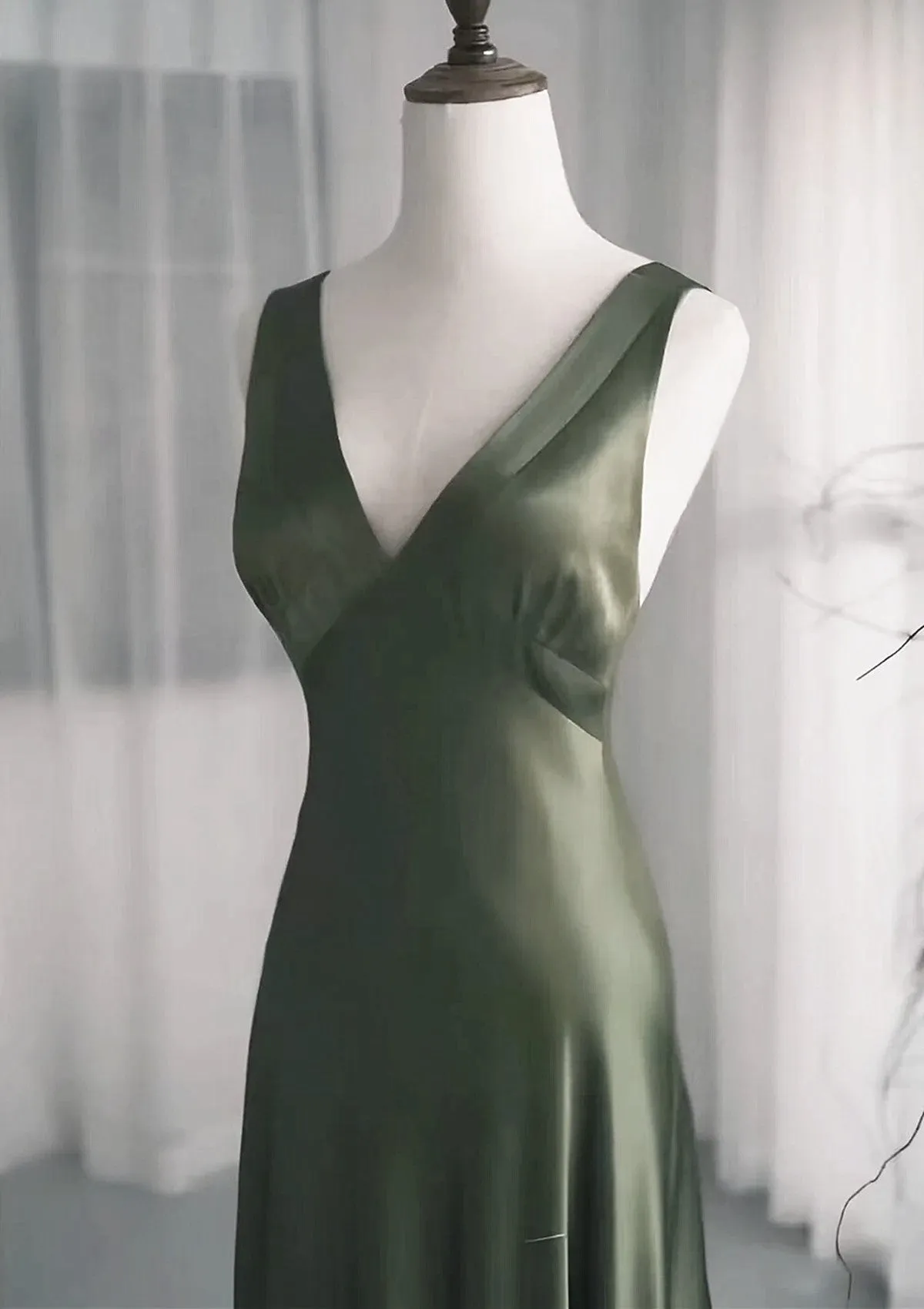 A-line Green Satin V-neckline Low Back Prom Dress, Green Evening Dress