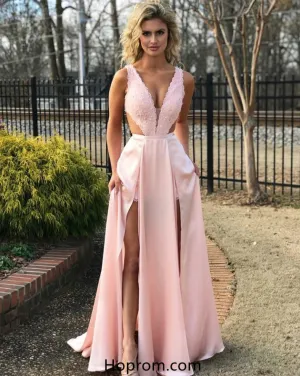 A Line Lace Cutout Top Prom Dresses Pink Slit Evening Dresses