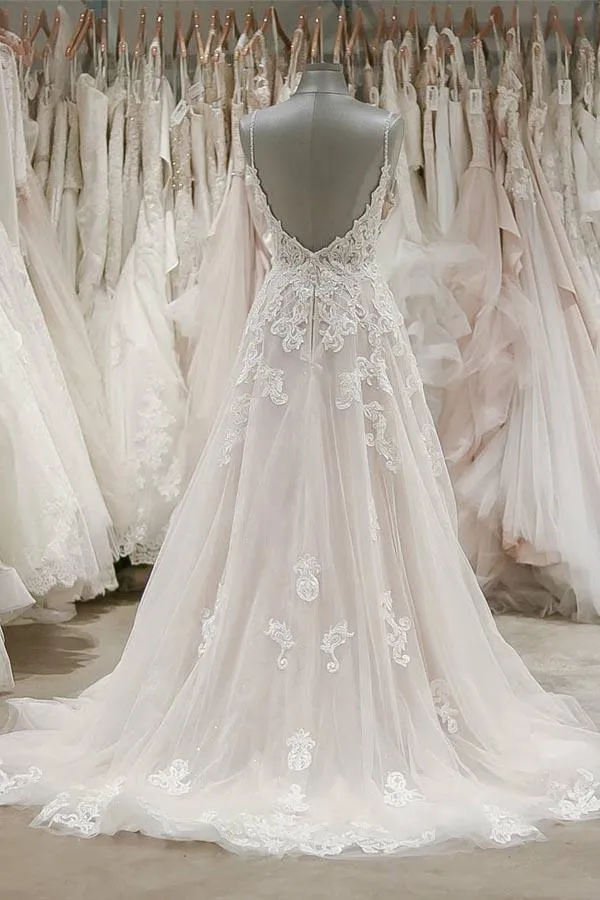 A Line Spaghetti Straps Tulle Wedding Dresses Appliqued Bridal Dresses TN189