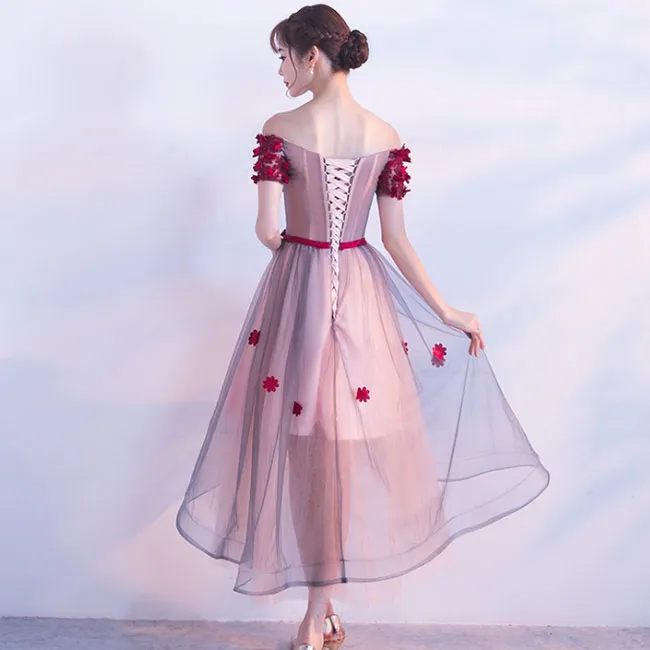 Adorable High Low Tulle Off Shoulder Flowers Party Dress, Cute Homecoming Dress