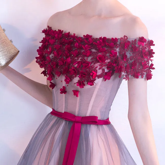 Adorable High Low Tulle Off Shoulder Flowers Party Dress, Cute Homecoming Dress