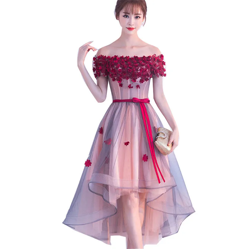 Adorable High Low Tulle Off Shoulder Flowers Party Dress, Cute Homecoming Dress