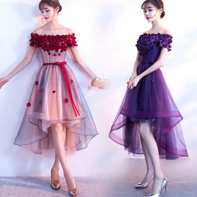 Adorable High Low Tulle Off Shoulder Flowers Party Dress, Cute Homecoming Dress