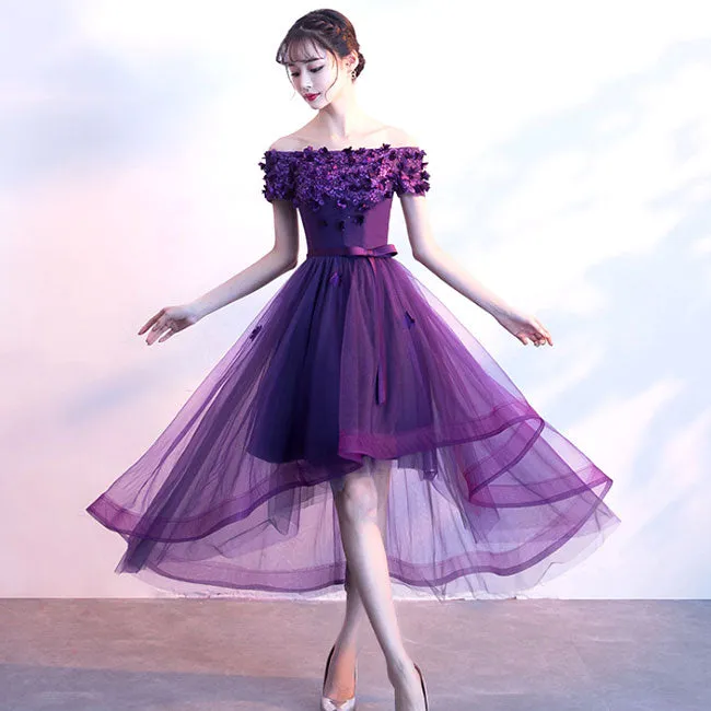 Adorable High Low Tulle Off Shoulder Flowers Party Dress, Cute Homecoming Dress