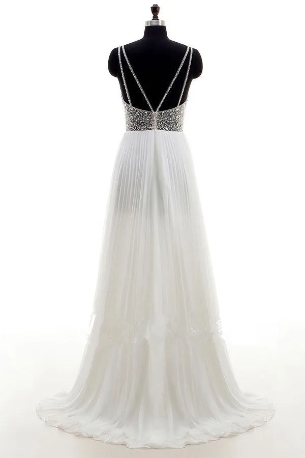 Anneprom A-Line Wedding Dress Bateau Chiffon Sweep Train Backless Beading APW0080