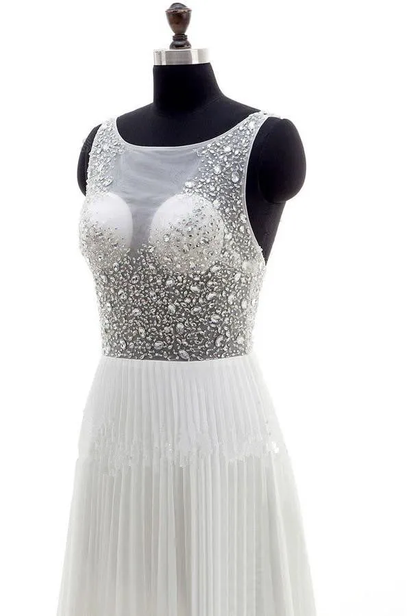 Anneprom A-Line Wedding Dress Bateau Chiffon Sweep Train Backless Beading APW0080