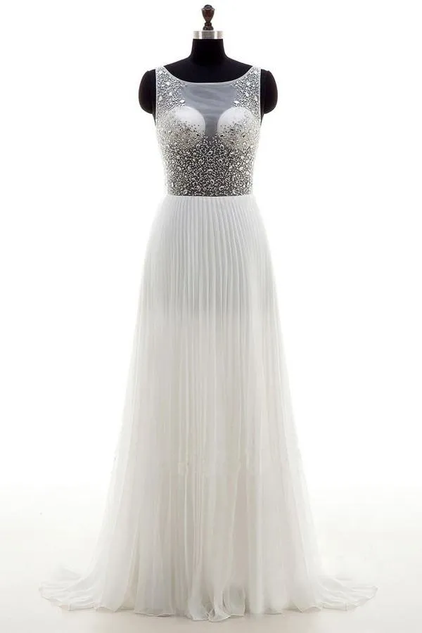 Anneprom A-Line Wedding Dress Bateau Chiffon Sweep Train Backless Beading APW0080