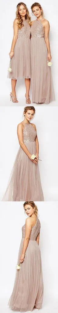 Anneprom Gorgeous Sequins Top Halter Romantic A Line Short Long Bridesmaid Dresses APH0063