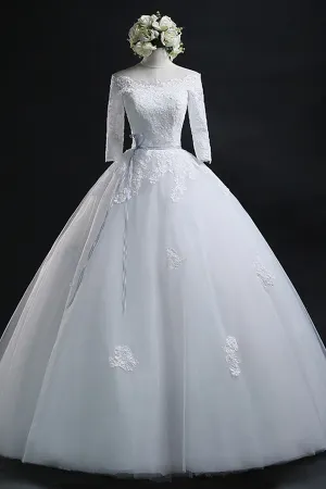 Anneprom Scoop Ball Gown Bateau Long Tulle Wedding Dress With Lace APW0020