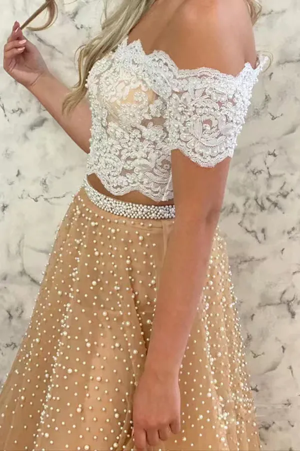 Anneprom Two Piece Lace Tulle Prom Dresses With Beaded, Off the Shoulder Evening Gown APP0647