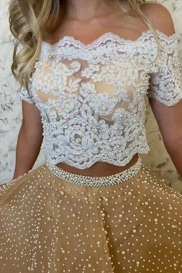 Anneprom Two Piece Lace Tulle Prom Dresses With Beaded, Off the Shoulder Evening Gown APP0647