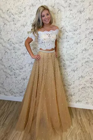 Anneprom Two Piece Lace Tulle Prom Dresses With Beaded, Off the Shoulder Evening Gown APP0647
