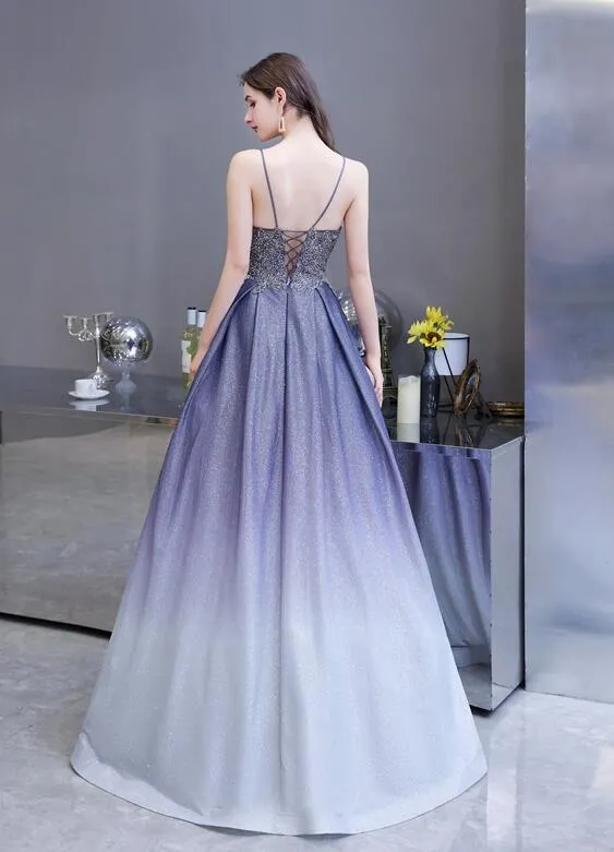 Beautiful Lavender Gradient Beaded Straps Long Formal Dress, A-line Low Back Prom Dress