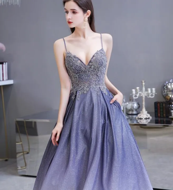 Beautiful Lavender Gradient Beaded Straps Long Formal Dress, A-line Low Back Prom Dress