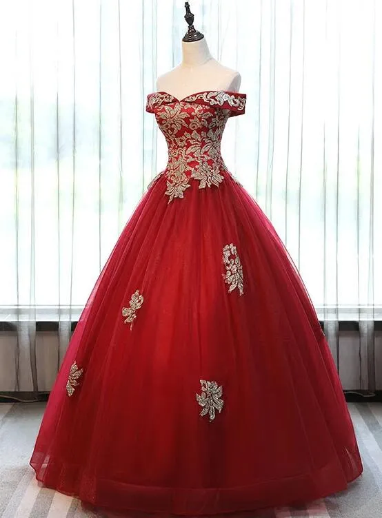 Beautiful Red Off Shoulder Long Sweet 16 Dress with Gold Lace Top, Party Dresses