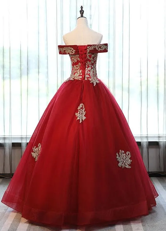 Beautiful Red Off Shoulder Long Sweet 16 Dress with Gold Lace Top, Party Dresses