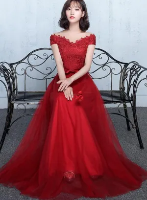 Beautiful Red Sweetheart Lace Top Long Party Dress, Off Shoulder Prom Dress