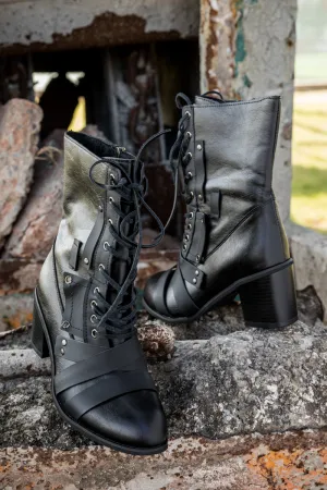 Black Patch Work Lace Upheel Ankle Combat Boots