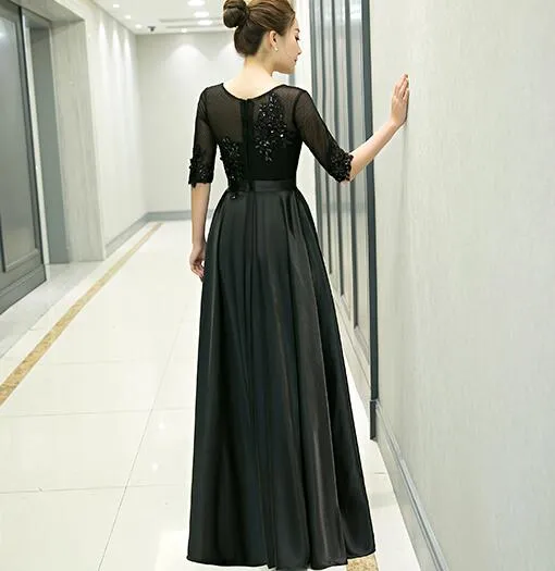 Black Satin Tulle Top Short Sleeves Bridesmaid Dress, Black Long Prom Dress Party Dress