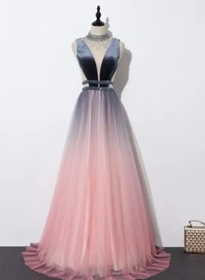 Blue and Pink Gradient Tulle Velvet Top Low Back Long Party Dress, A-line Prom Dress Evening Dress