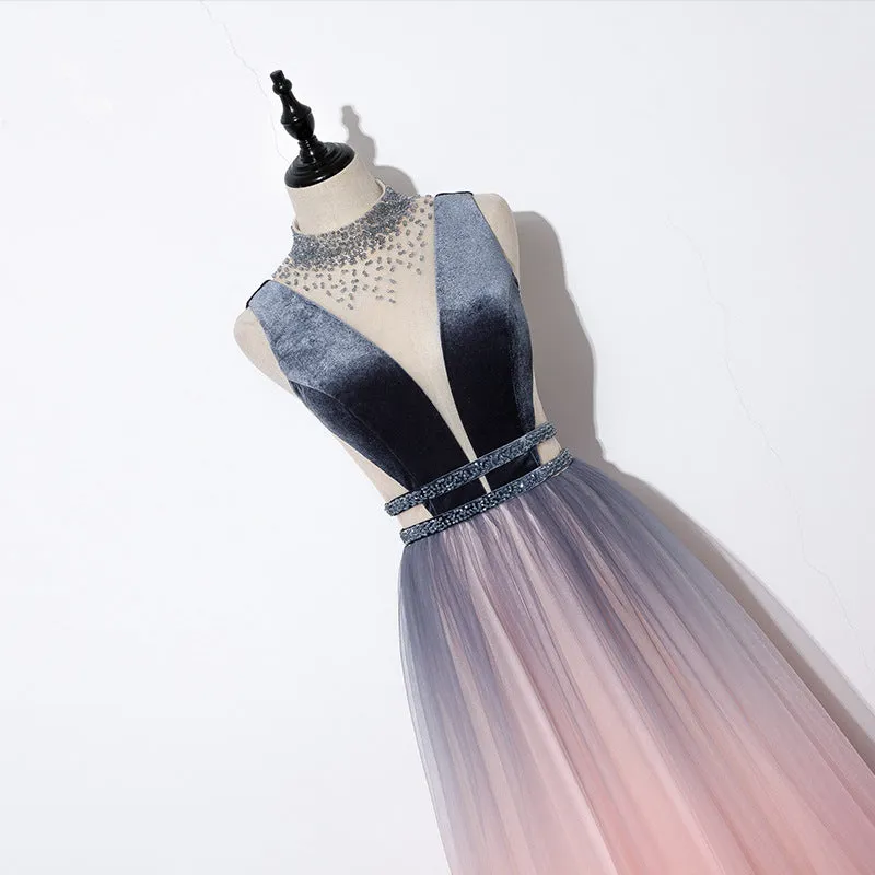 Blue and Pink Gradient Tulle Velvet Top Low Back Long Party Dress, A-line Prom Dress Evening Dress