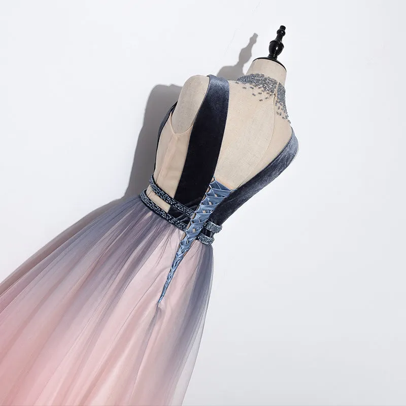 Blue and Pink Gradient Tulle Velvet Top Low Back Long Party Dress, A-line Prom Dress Evening Dress