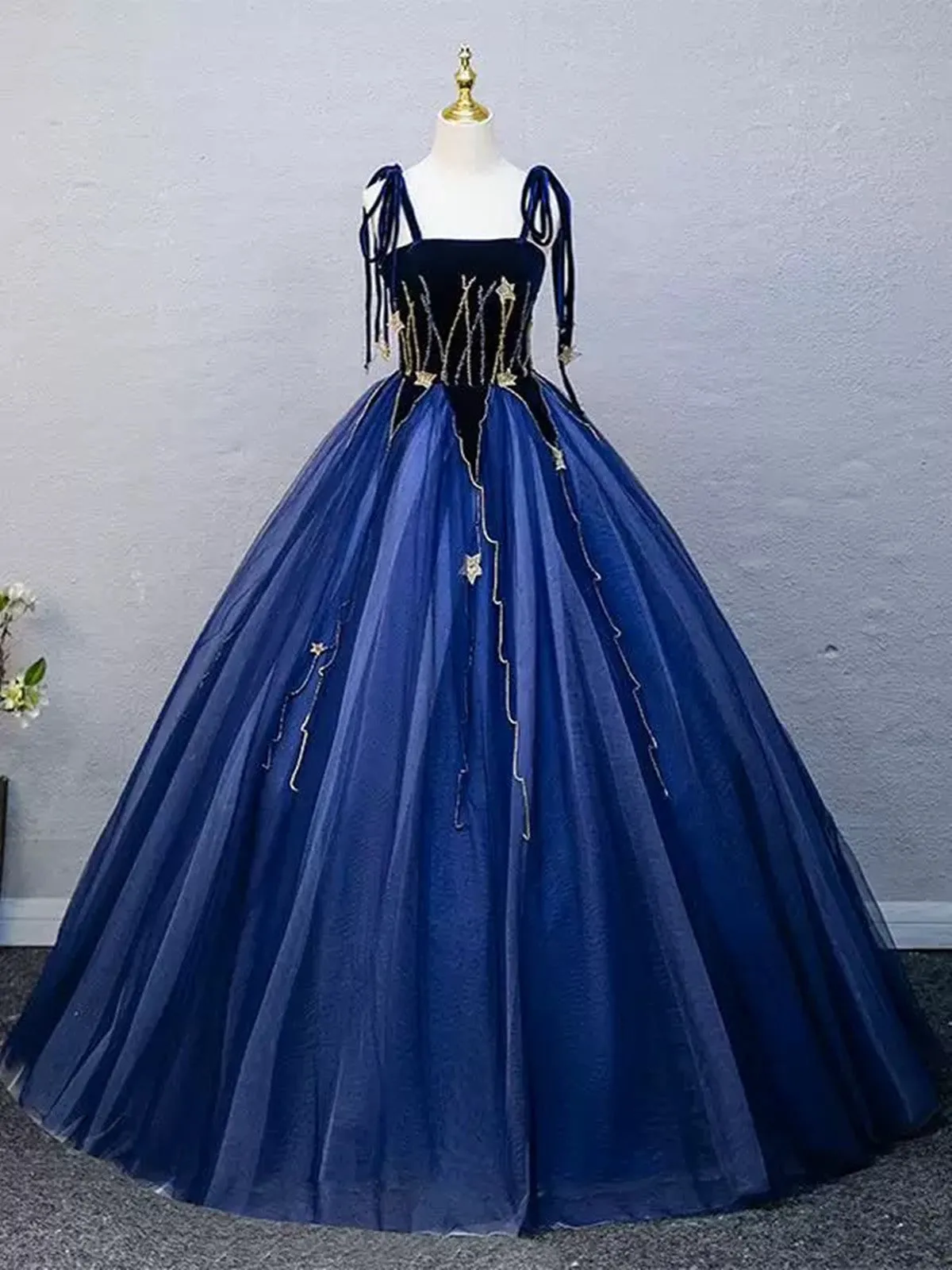 Blue Straps Scoop Floor Length Formal Dress, Blue Tulle Low Back Prom Dress