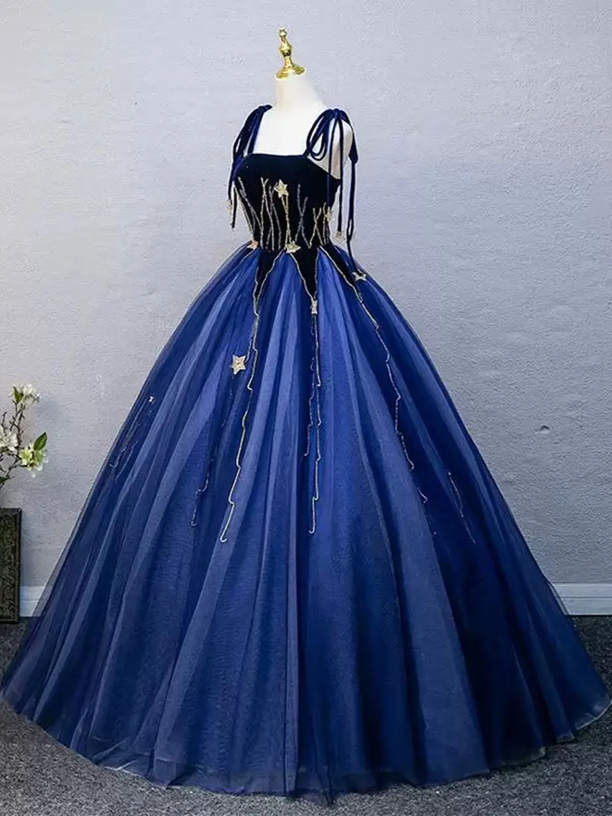 Blue Straps Scoop Floor Length Formal Dress, Blue Tulle Low Back Prom Dress