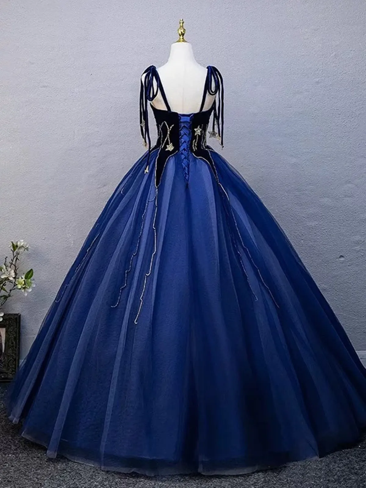 Blue Straps Scoop Floor Length Formal Dress, Blue Tulle Low Back Prom Dress