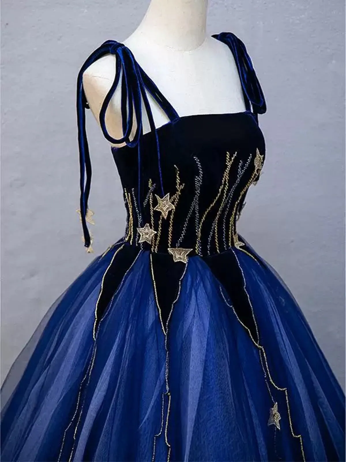 Blue Straps Scoop Floor Length Formal Dress, Blue Tulle Low Back Prom Dress