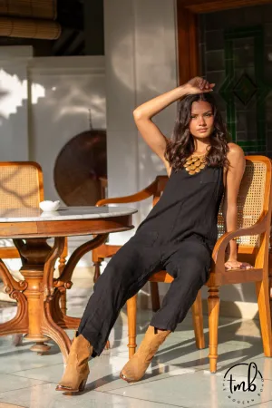 'Cara' Linen Jumpsuit - Black / White / Sand