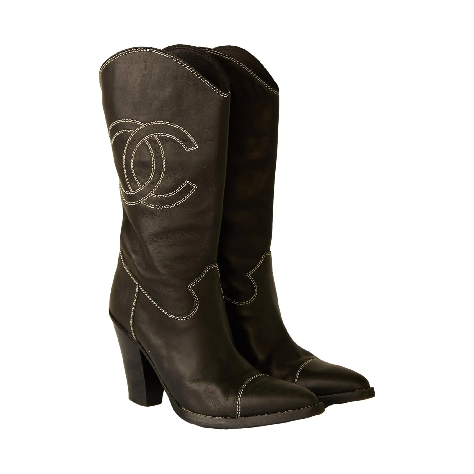 Chanel Black Logo Cowboy Boots