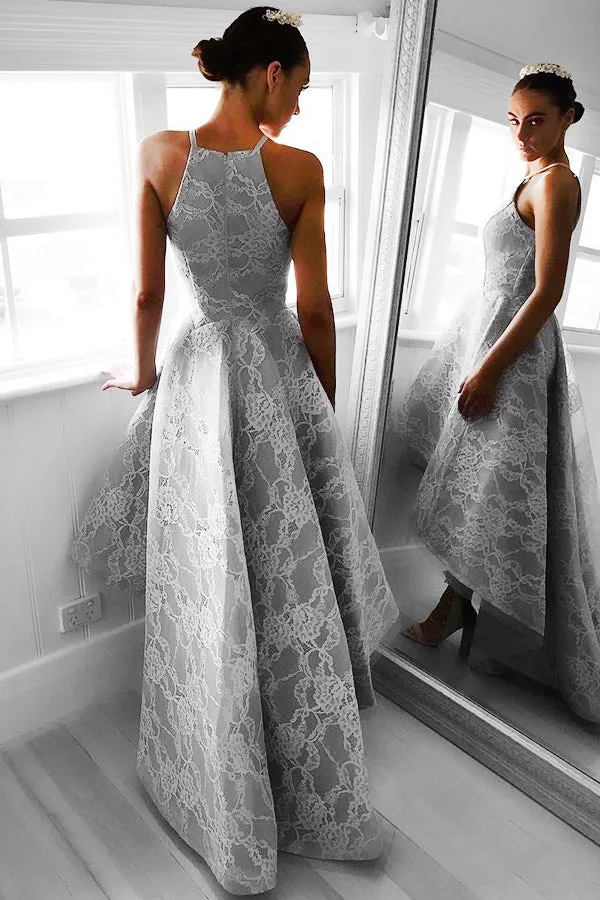 Charming High Low A Line Spaghetti Straps Long Gray Lace Homecoming Prom Dresses OK398