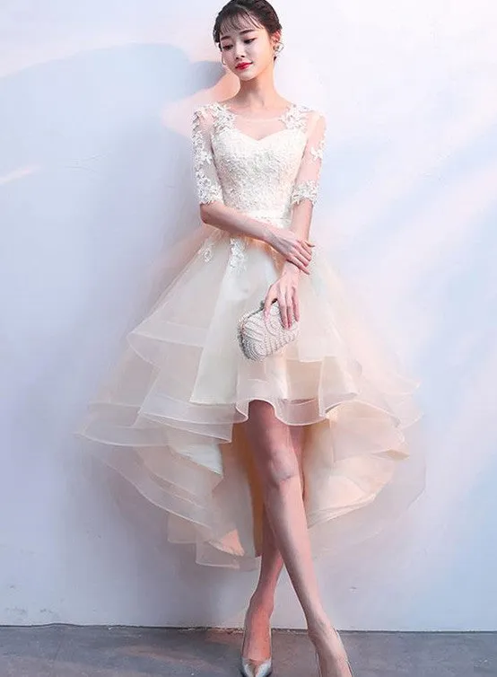 Cute Champagne Lace and Tulle Short Sleeves Party Dress, Homecoming Dress