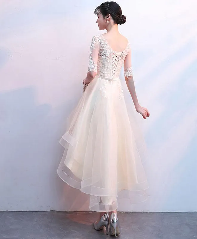 Cute Champagne Lace and Tulle Short Sleeves Party Dress, Homecoming Dress
