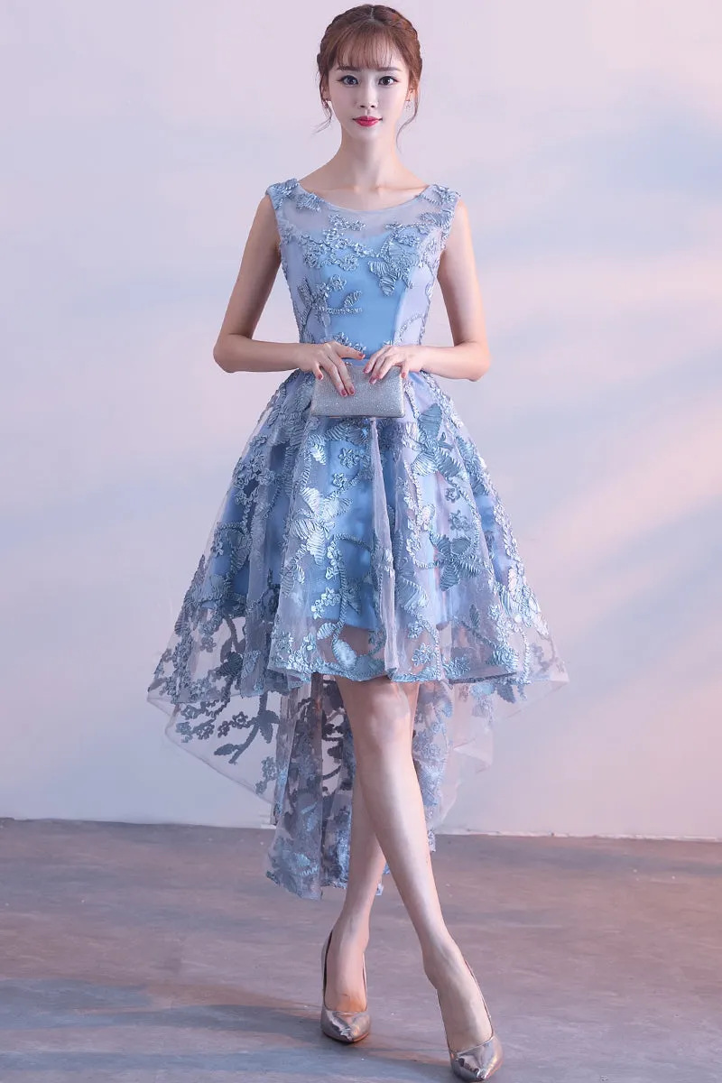 Cute Lace Blue Round Neckline New Style Party Dress, Lace Prom Dress