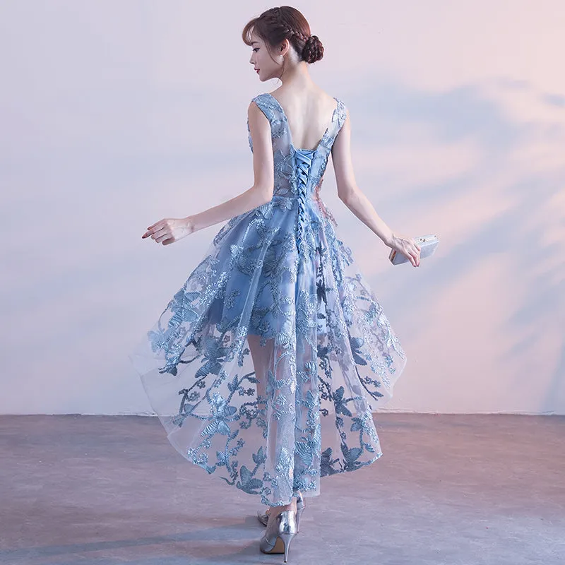 Cute Lace Blue Round Neckline New Style Party Dress, Lace Prom Dress