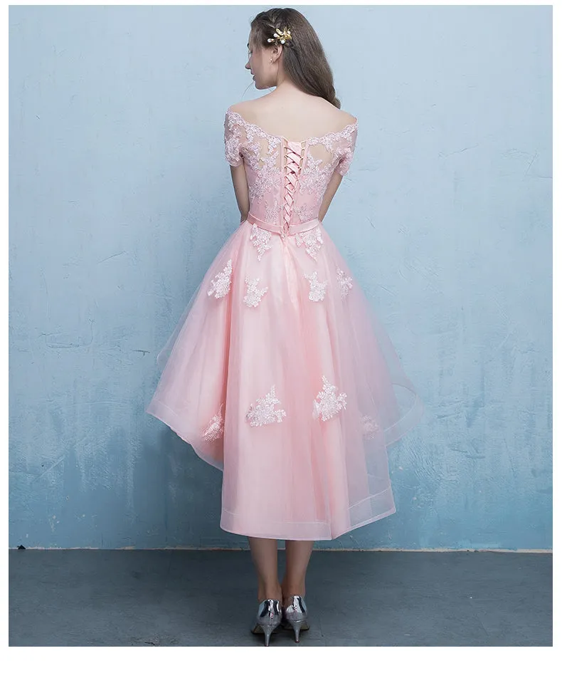 Cute Pink High Low Off Shoulder Prom Dress , Pink Formal Dress
