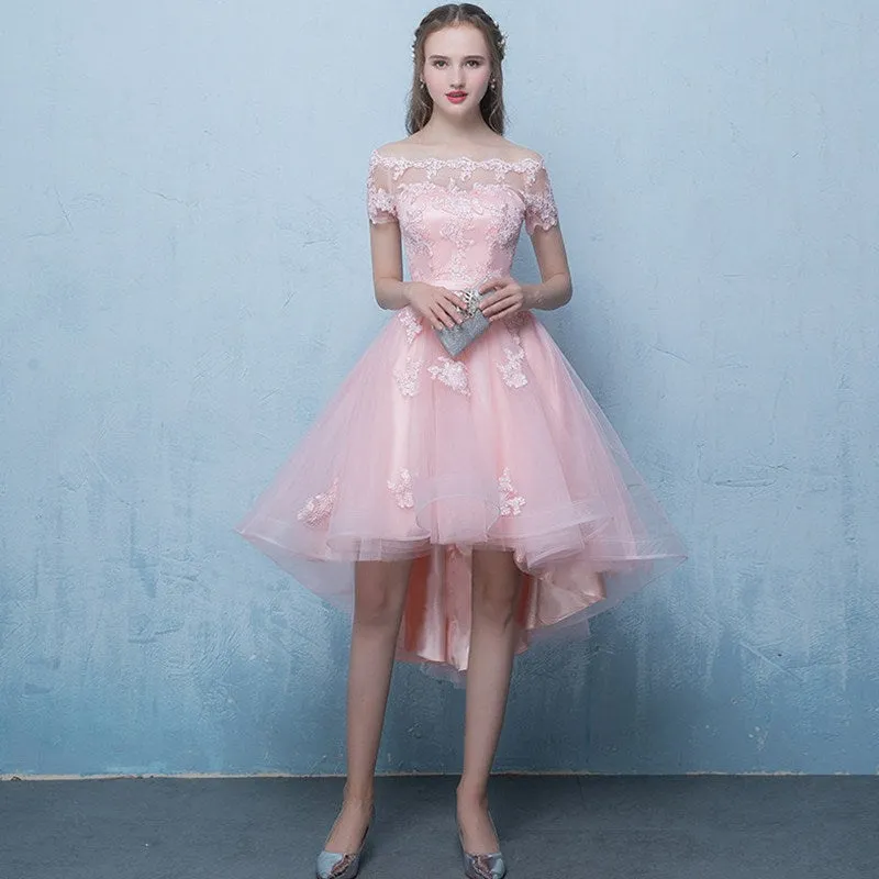 Cute Pink High Low Off Shoulder Prom Dress , Pink Formal Dress