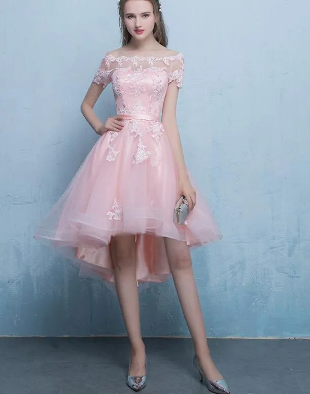 Cute Pink High Low Off Shoulder Prom Dress , Pink Formal Dress