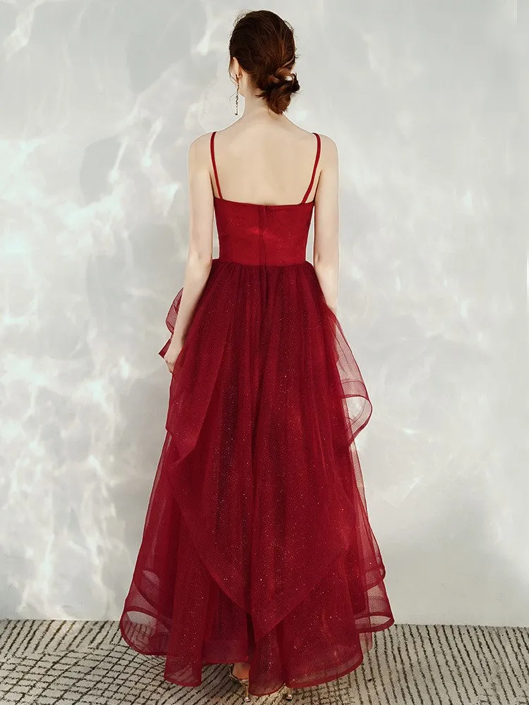 Dark Red Straps V-neckline Layers Long Formal Dress, Burgundy Low Back Tulle Prom Dress