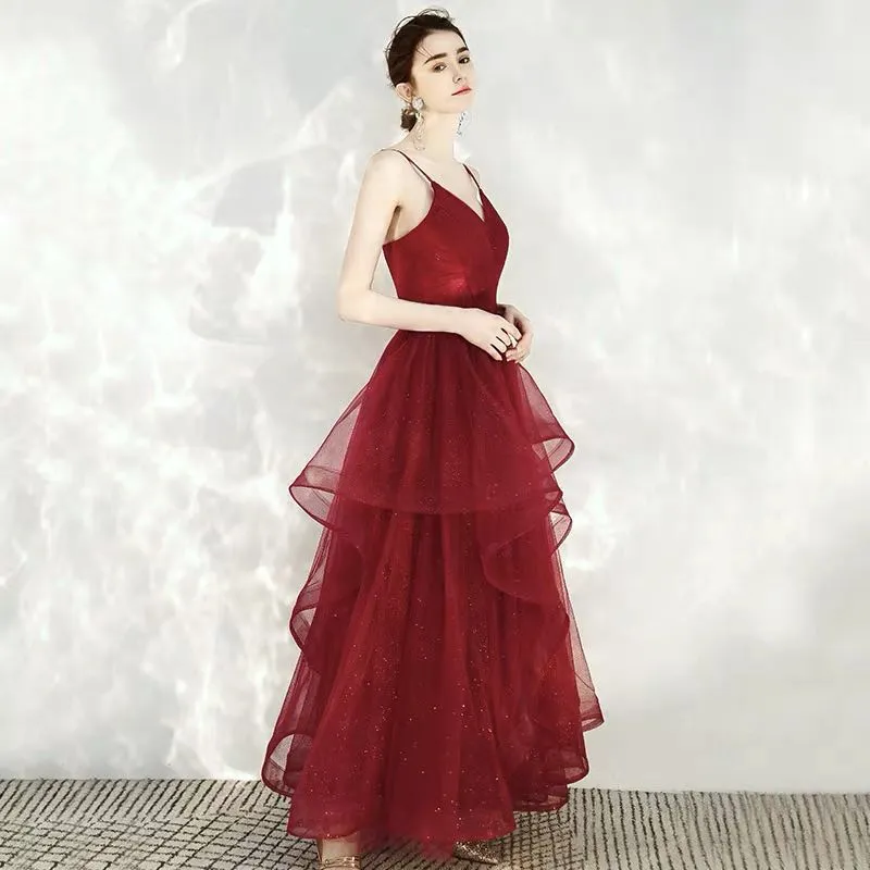 Dark Red Straps V-neckline Layers Long Formal Dress, Burgundy Low Back Tulle Prom Dress