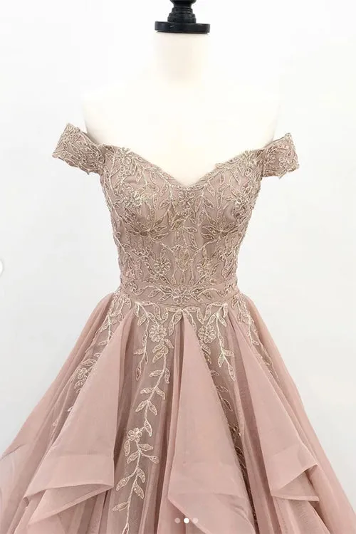 Fabulous Organza Lace Off Shoulder A-line Cheap Long Prom Dresses, Evening Dress, SP535