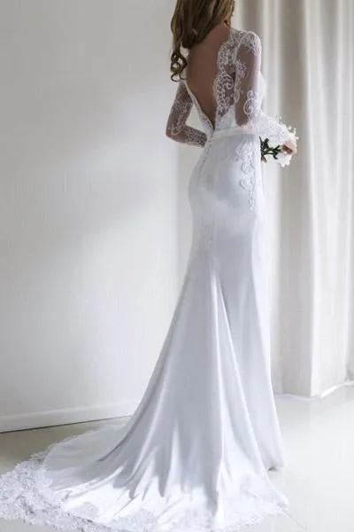 Fabulous White Long Sleeves Mermaid Lace Long Wedding Dress with Train, MW144