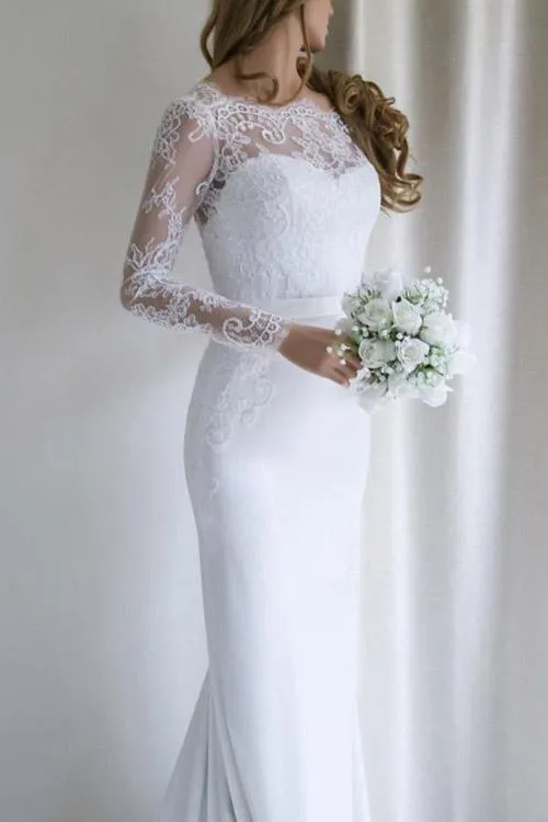 Fabulous White Long Sleeves Mermaid Lace Long Wedding Dress with Train, MW144