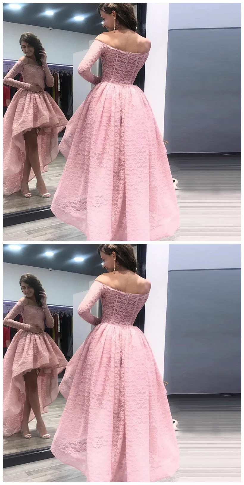 Fashion A-Line Off the Shoulder High Low Long Sleeves Pink Lace Prom Dresses OKF54